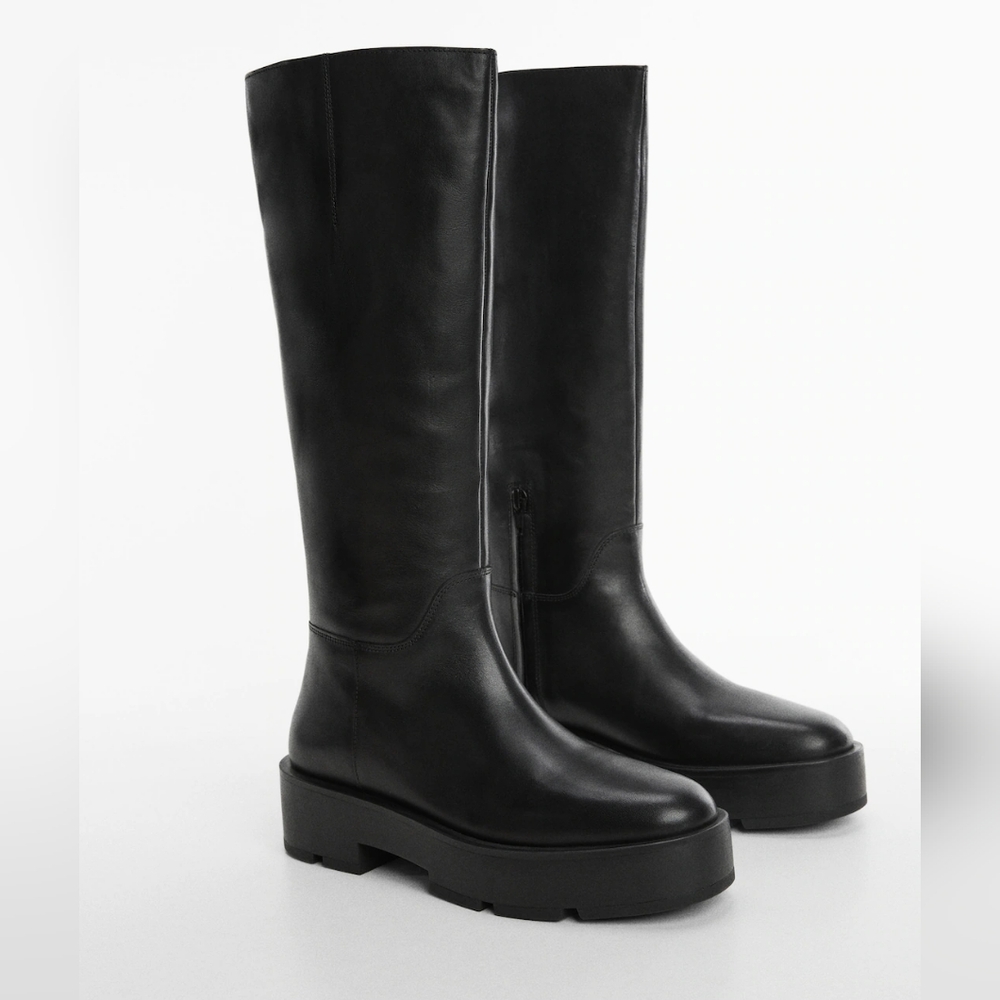 MANGO Black Chunky Tall Leather Boots